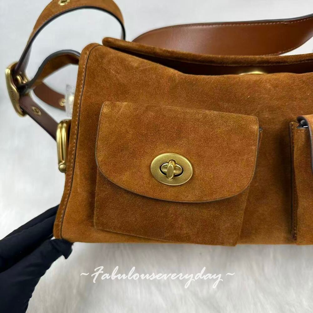 Coach Turnlock Haversack Bag Shoulder/Crossbody Suede Brass/Warm Brown CDZ13 NWT - Picture 9 of 13